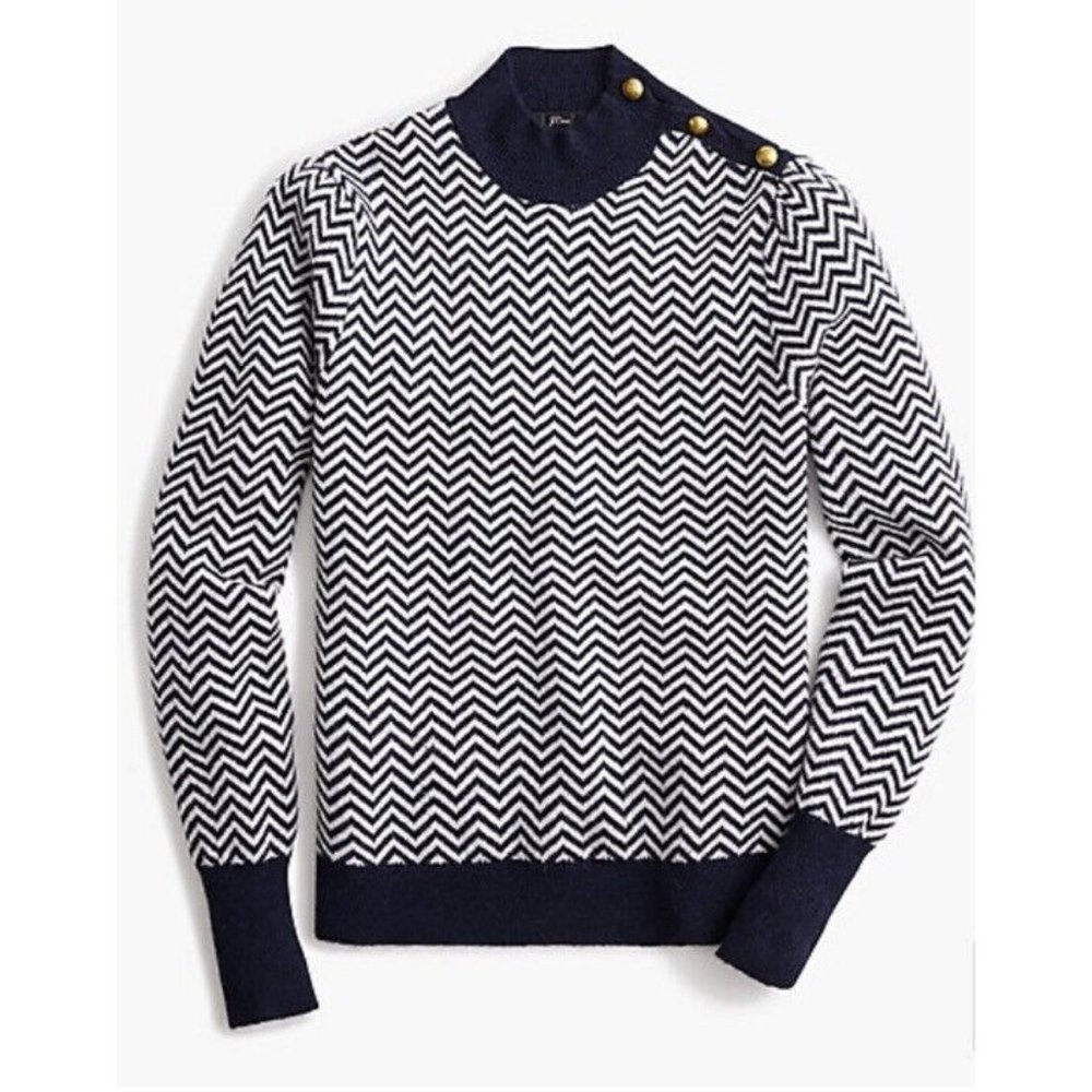 J Crew Button Detail Mock Neck Sweater Medium Navy Blue Herringbone Alpaca AC138